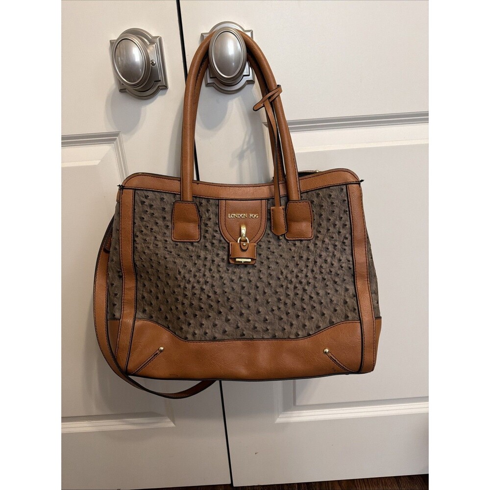 London Fog Large Shoulder Bag Faux Ostrich Pattern Leather Grey And Tan Purse